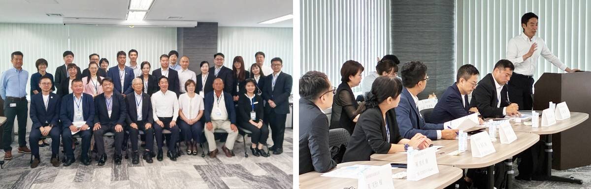 台日循環経済交流訪日団とアミタグループの記念撮影・意見交換の様子